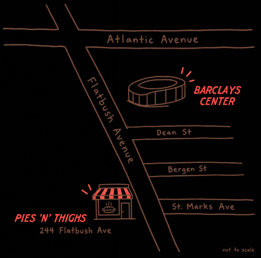 Map from Barclays Center to Pies ’n’ Thighs at 244 Flatbush Avenue